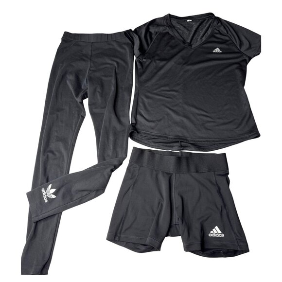 Adidas Womens Black Athletic Set: T-Shirt Leggings & Shorts - Picture 1 of 8